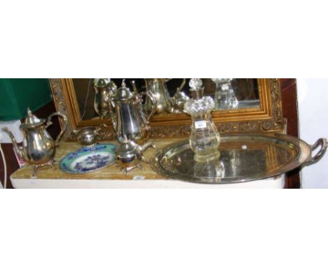 A silver mounted decanter with stopper, together with plated ware