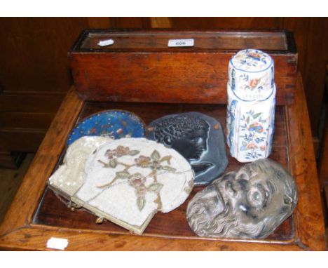 Antique candle box, faience tea caddy, etc.