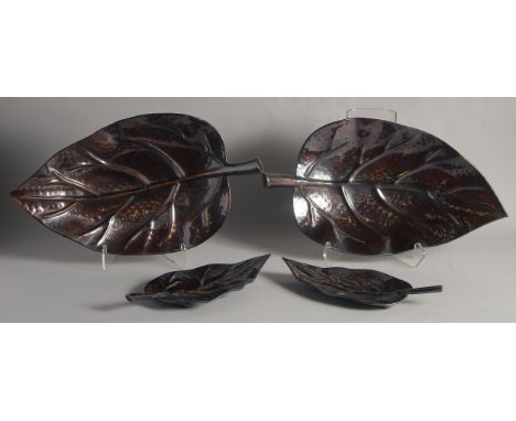 TWO PAIRS OF LIBERTY'S COPPER AND BRONZE LEAF TRAYS. 20ins long &amp; 12ins long.