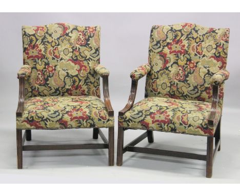 A NEAR PAIR OF GEORGIAN DESIGN MAHOGANY FRAMED GAINSBOROUGH ARMCHAIRS with tapestry back, arms and seat, on square chamfered 