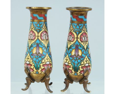 A SMALL PAIR OF 19TH CENTURY FRENCH CLOISONNE ENAMEL VASES with BARBEDIENNE stamp. 4ins high.