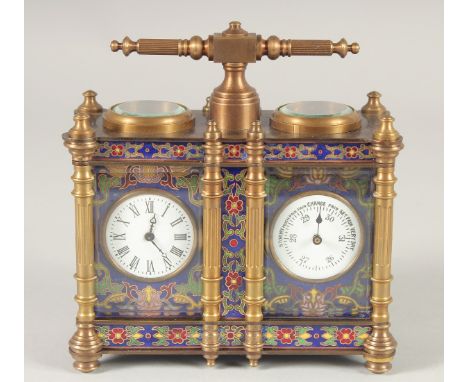 A CLOISONNE ENAMEL DOUBLE CARRIAGE CLOCK. 5ins with carrying handle.