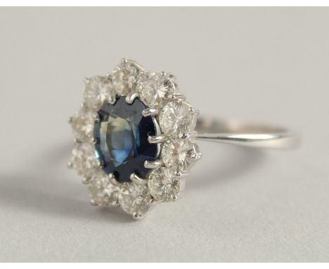 A SUPERB 18CT WHITE GOLD, SAPPHIRE AND DIAMOND CLUSTER RING. Ring size between R &amp; S.