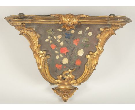 A GOOD LOUIS XVI PERIOD CLOCK BRACKET with ormolu mounts, acanthus scrolls, the panels inlaid with flowers. 9.5ins high x 12.