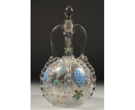 A 19TH CENTURY DUTCH GLASS TWO HANDLED DECANTER AND STOPPER painted with birds and grapes. 11ins high.
