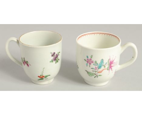 TWO 18TH CENTURY WORCESTER COFFEE CUPS, one painted with a large bouquet of flowers. scattered with sprigs verso, also an unu