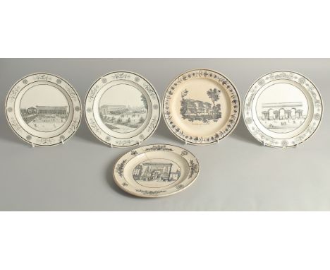 A SET OF FIVE FRENCH ARCHITECTURAL PLATES, some buildings no longer exist. 8ins diameter.