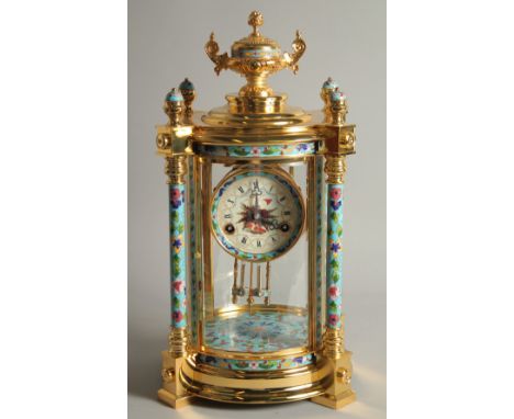 A GOOD GILT METAL AND CLOISONNE ENAMEL CIRCULAR COLUMN CLOCK with urn finial. 1ft 6ins high.