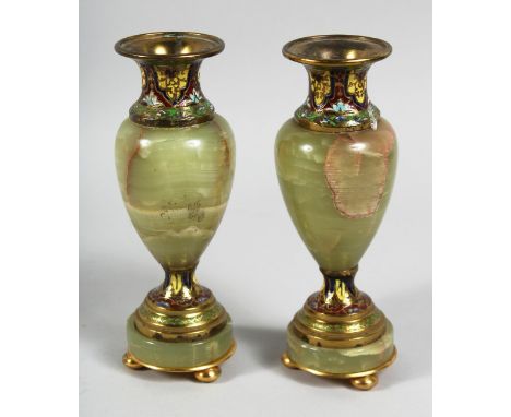 A GOOD SMALL PAIR OF ONYX AND CLOISONNE ENAMEL VASES with gilt mounts. 6.5ins high.