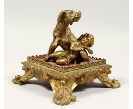 A GOOD 19TH CENTURY BRONZE GROUP, A DOG AND A SMALL CHILD on a square base. 6ins wide.