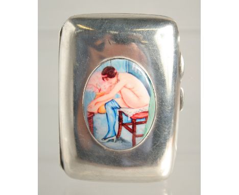 A PLAIN SILVER CIGARETTE CASE. Birmingham, 1916 with enamel nude.