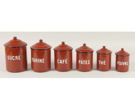 A SET OF ENAMEL STORAGE JARS.