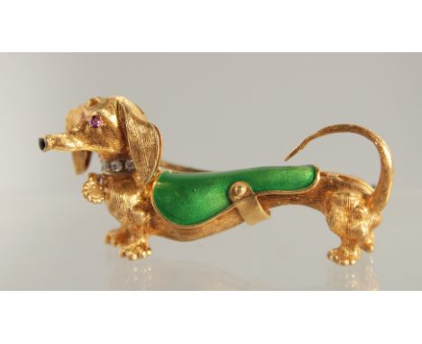 AN 18CT GOLD, RUBY, DIAMOND, AND GREEN ENAMEL DACHSHUND BROOCH BY FRASCAROLO.
