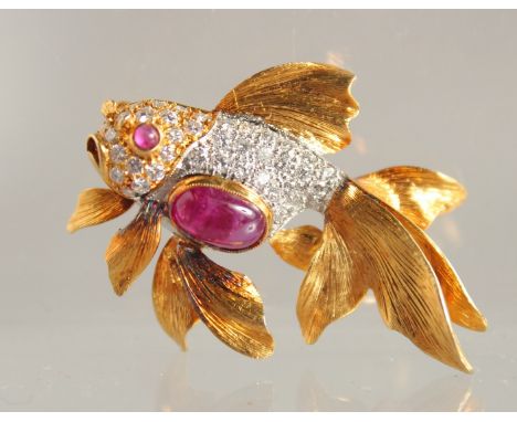 AN18CT GOLD, RUBY, AND DIAMOND SET FISH BROOCH BY FRASCAROLO. 6.9gms.