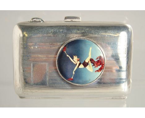 AN ENGRAVED TURNED CIGARETTE CASE. Birmingham, 1928 with enamel dancer.