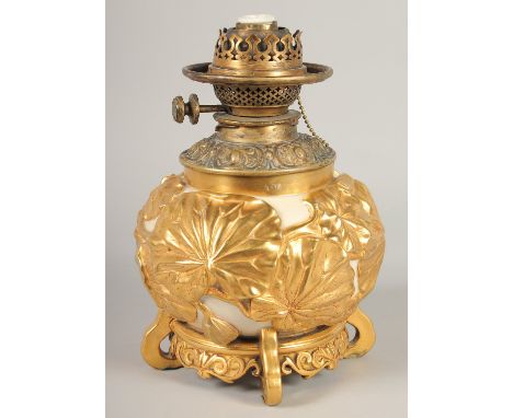 A ROYAL WORCESTER PORCELAIN BULBOUS OIL LAMP. 12ins
