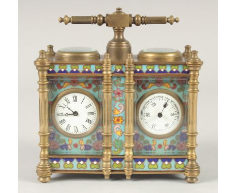 A DOUBLE CLOISONNE ENAMEL CARRIAGE CLOCK AND BAROMETER with carrying handle. 5ins high.