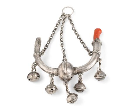 λ An early-18th century silver baby's rattle, whistle and coral teether, maker's mark ES, circa 1720, u-shaped tubular form, 