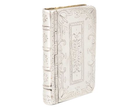 An early-18th century silver snuff box,stamped with a crowned 'MA',book form with engraved foliate decoration, length 6.8cm, 