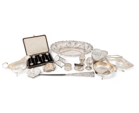 A mixed lot of silver items, comprising: a late-Victorian silver dish by Frederick Wilson &amp; Co, Sheffield 1900, plus a sw