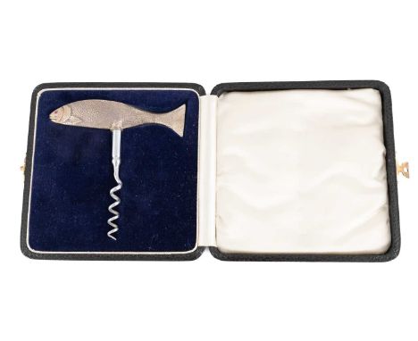 A novelty silver fish corkscrew, by G W Lewis & Co., Birmingham 1935, the handle modelled as a salmon, textured scale decorat
