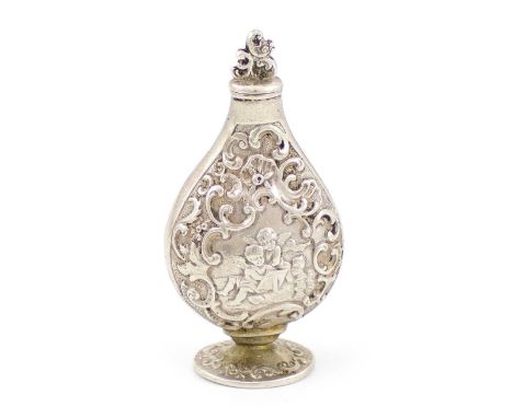 A 19th century continental silver scent flask,unmarked,slender baluster form, embossed scenes of cherubs surrounded by scroll