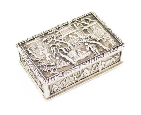 A 19th century Chinese silver snuff box,unmarked,rectangular form, heavily decorated with figures in landscape settings, gild