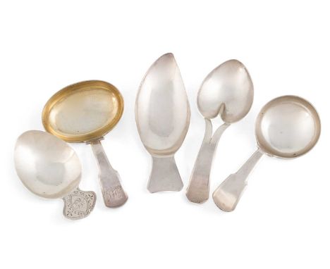 A collection of five George III silver caddy spoons, by Josiah Snatt, London 1802-1814, various designs, one with engraved de