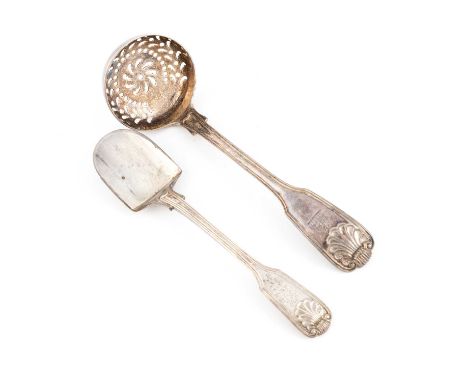 A George III silver Fiddle, Thread and Shell pattern sugar sifting spoon and sugar spoon,by Paul Storr, London 1819 and 1821,