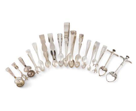 A collection of silver sugar tongs, various dates and makers, comprising: two pairs of squeeze-action sugar tongs, by S. Mord