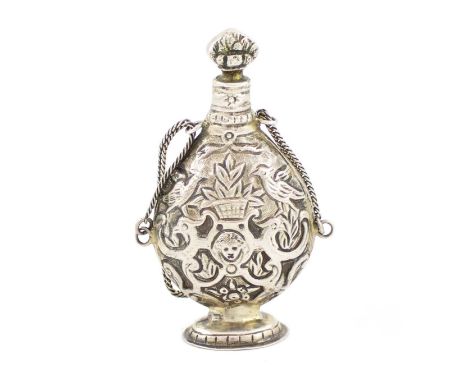 A late-17th/early-18th century continental silver scent flask,unmarked, circa 1700, slender baluster form, embossed foliate a