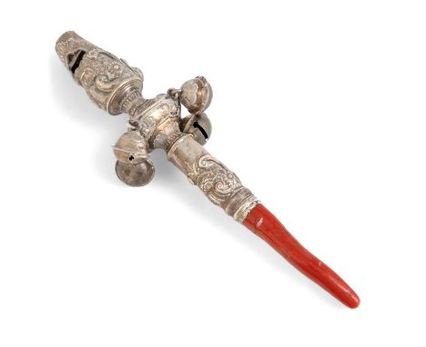λ A George III silver baby's rattle, whistle and teether, probably by Matthew Ferris, London circa 1760, baluster and taperin