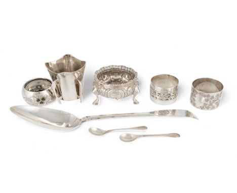 A mixed lot of Irish silver,various dates and makers,comprising: an 18th century salt cellar, of embossed cauldron form, a ta