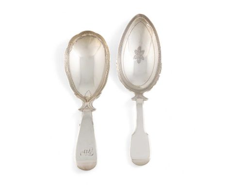 Two George III silver caddy spoons, by Thomas James, London 1812, one with a wavy-edge oval bowl, and one with an elongated b