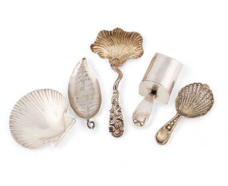 A collection of five silver caddy spoons,  comprising: a shovel one, London 1801, a Victorian shell and scroll caddy spoon, L