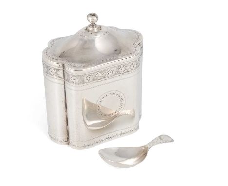 A small George III silver tea caddy and a caddy spoon,by Henry Chawner, London 1794, the caddy spoon by Solomon Hougham, Lond