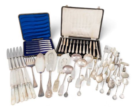 A mixed lot of flatware,comprising: a set of six George III mother-of-pearl handled silver dessert knives maker's mark worn, 