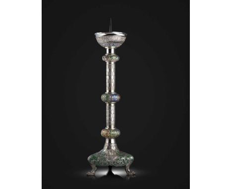 By Carl Krall, (Barkentin and Krall), a large Arts and Crafts silver and enamel altar candlestick, part-marked only, probably