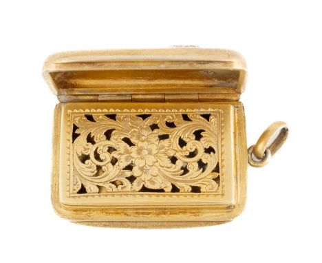 A Victorian silver-gilt vinaigrette,by Wright and Davies, London 1875,rectangular form, the hinged cover applied with a flowe