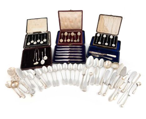 A collection of silver flatware,comprising: a Victorian Palm pattern sugar sifter by George Adams, London 1864, a matched set