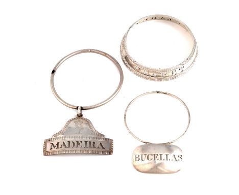 Three antique silver neck ring wine labels, one by John Stone, Exeter 1839, plain rounded rectangular form, pierced 'Bucellas