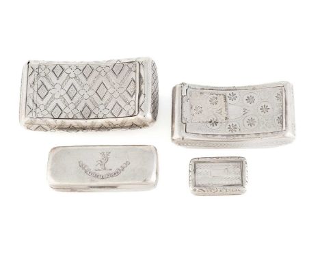 A small collection of four silver boxes,comprising: a George III snuff box, of shaped rounded rectangular form, engraved deco