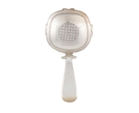 A George III silver caddy spoon, by Thomas James, London 1814, rounded square bowl, engraved decoration, Old English pattern 