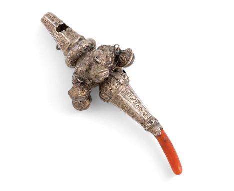 λ A Victorian silver baby's rattle, whistle and teether, by Parker and Acott, Birmingham, date letter worn,  faceted baluster