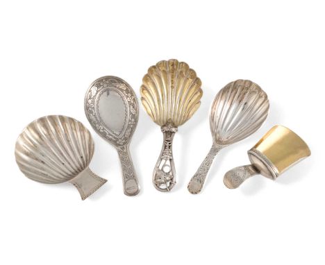 A collection of five antique silver caddy spoons, including: a George III one by Cocks and Bettridge, Birmingham 1805, shovel
