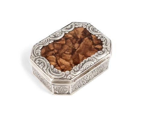 A George III silver and brown aventurine snuff box,unmarked, circa 1770,rectangular form, canted corners, chased borders and 
