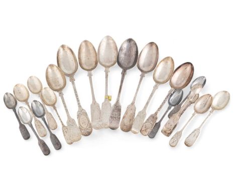 A collection of Channel Islands silver decorated Fiddle pattern flatware,comprising: three tablespoons and a set of four teas