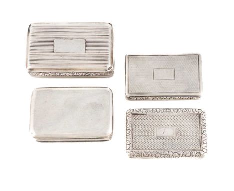 A collection of four antique silver snuff boxes, comprising a George III Irish one, possibly by James England, retailed by We