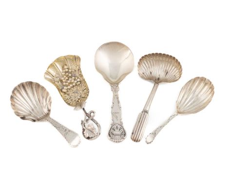 A collection of five antique silver caddy spoons, including: a William IV King's Husk pattern one, by Jonathan Hayne, London 