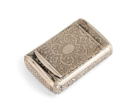 A George III silver snuff box, by Thomas Tompson, Birmingham 1808,rectangular form, engraved foliate scroll decoration on a m